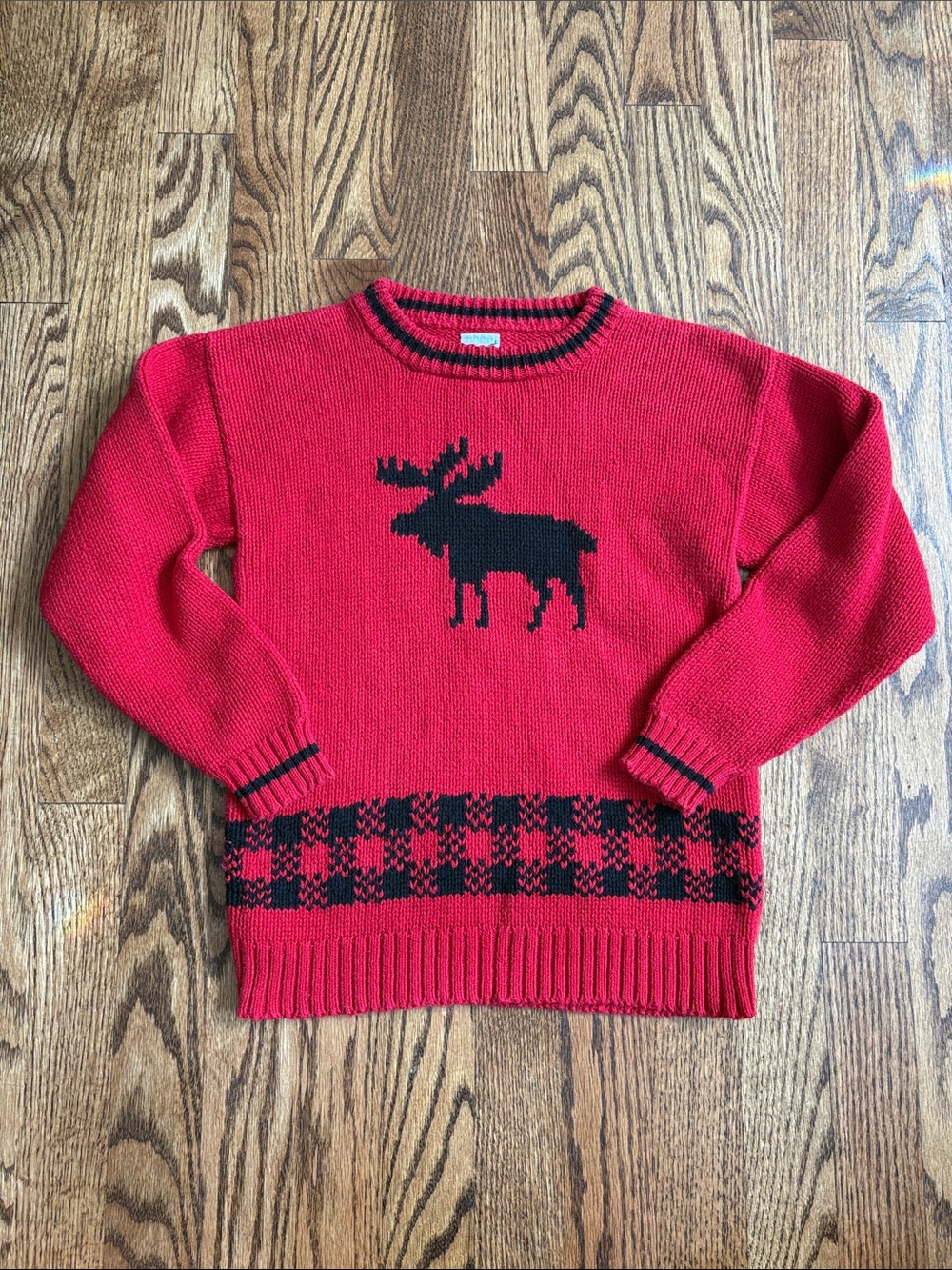Glorimont red/black deer and buffalo plaid cotton sweater, size 7. Great cond.